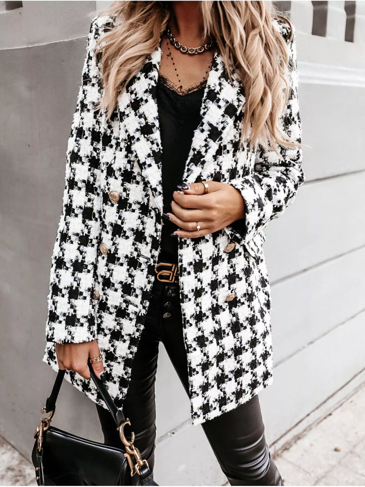 Women's tweed coat in houndstooth, double breasted longline plaid blazer, front view