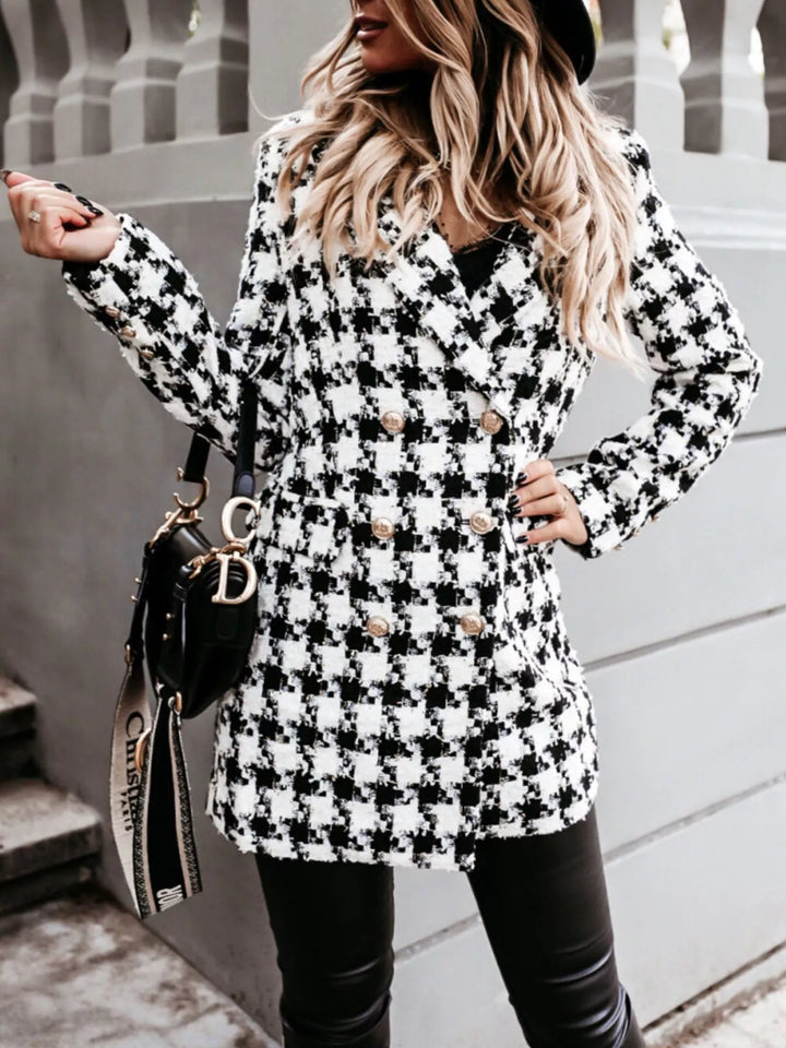 Houndstooth double breasted blazer coat with black bag and leather pants