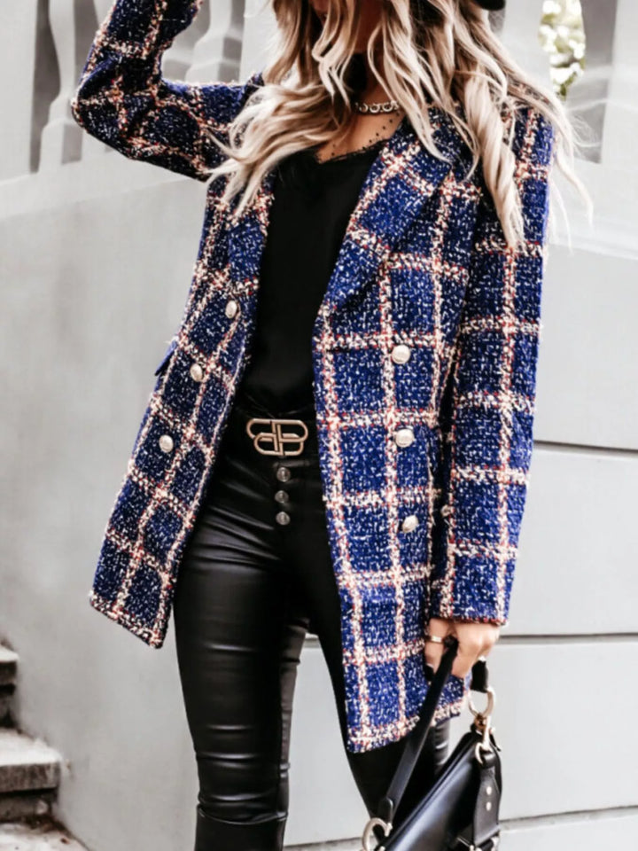 Navy plaid blazer coat with a belt and gold button detail