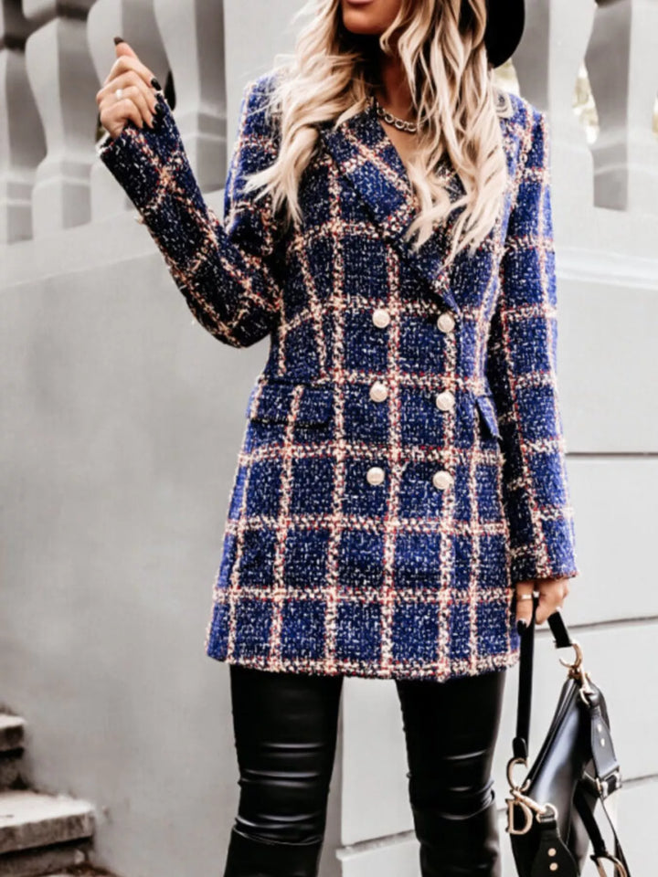 Navy plaid longline blazer coat full length with leather pants