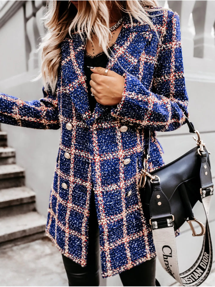 Navy plaid tweed coat styled with a black crossbody bag
