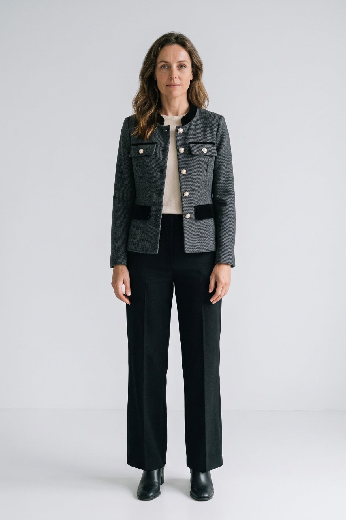 Women's Tweed Jacket | Contrast Trim — Black — front view — on model