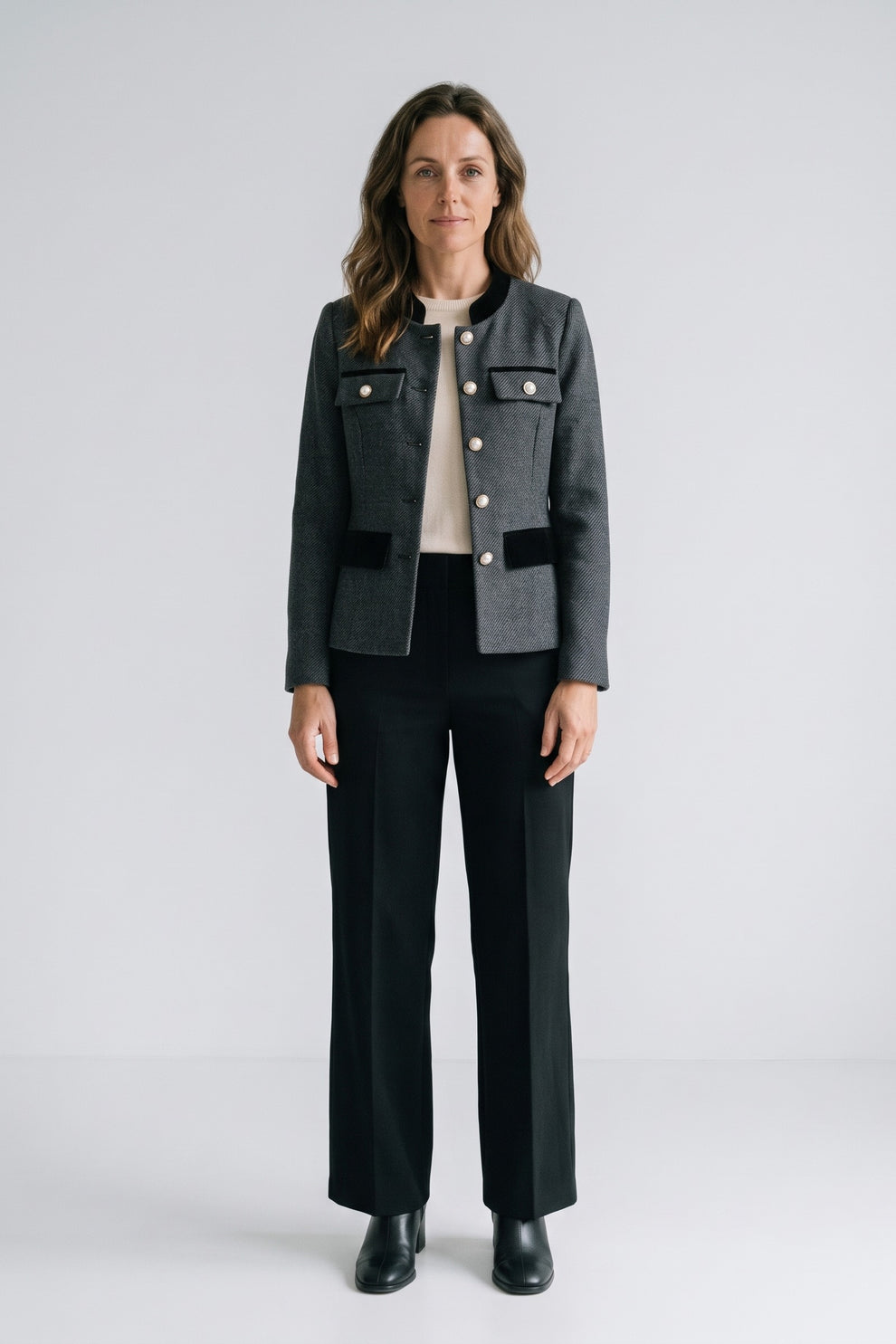 Women's Tweed Jacket | Contrast Trim — Black — front view — on model