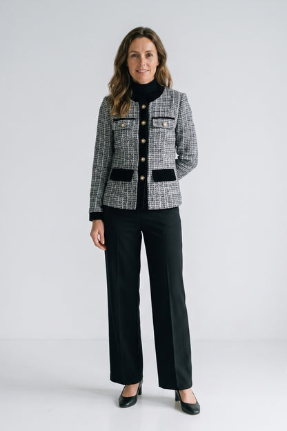 Women's Tweed Jacket | Contrast Trim — White — front view — on model