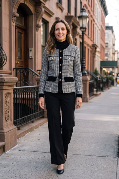 Women's Tweed Jacket | Contrast Trim — White — lifestyle — on model