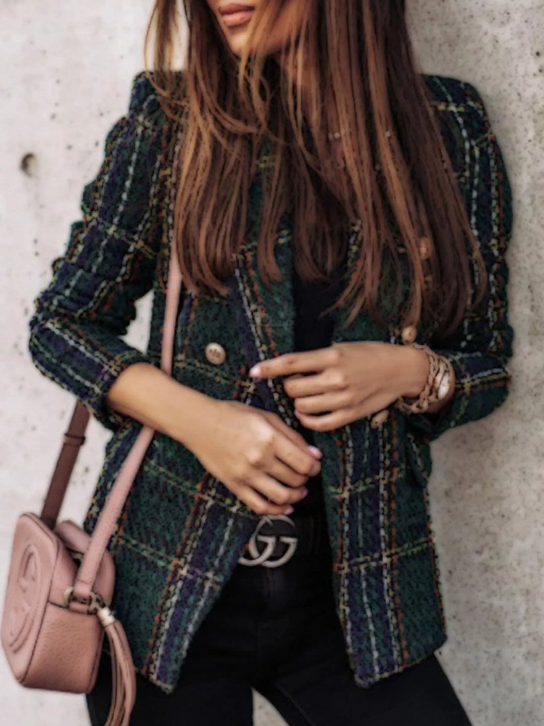Plaid double-breasted gold-tone buttons in black forest, styled on model 2