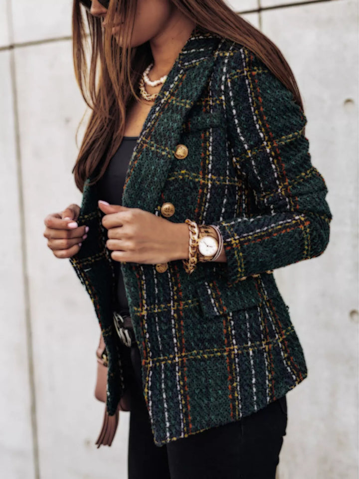 Plaid double-breasted gold-tone buttons in black forest, styled on model