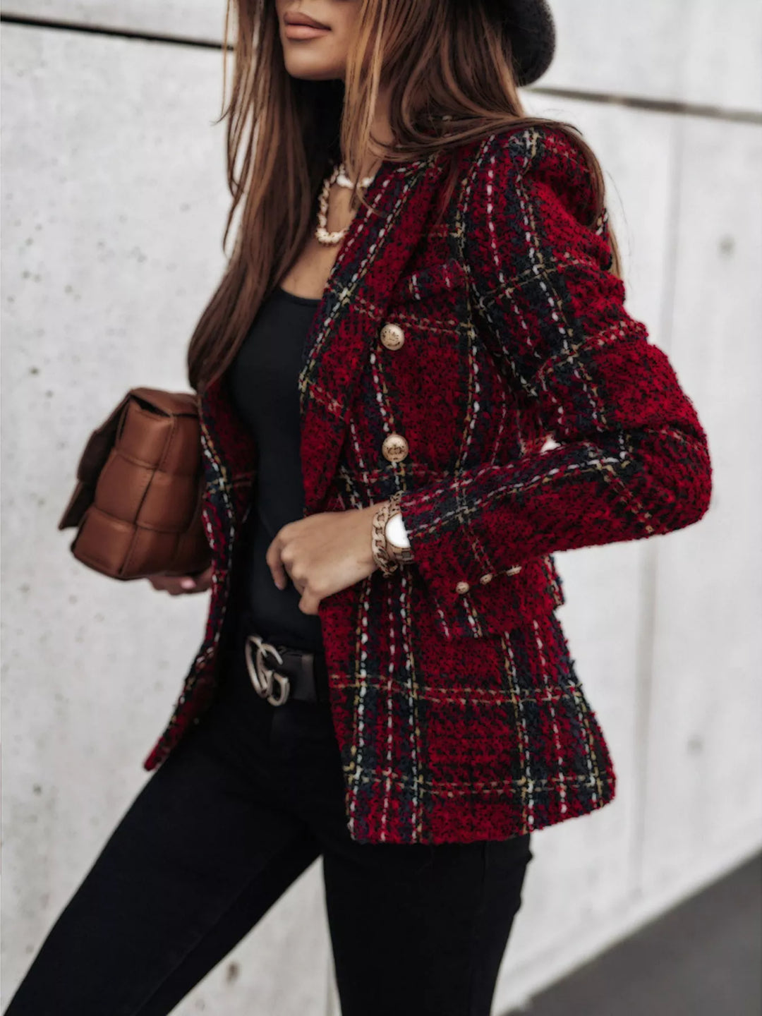 Women's tweed-look blazer in burgundy, plaid double-breasted gold-tone buttons