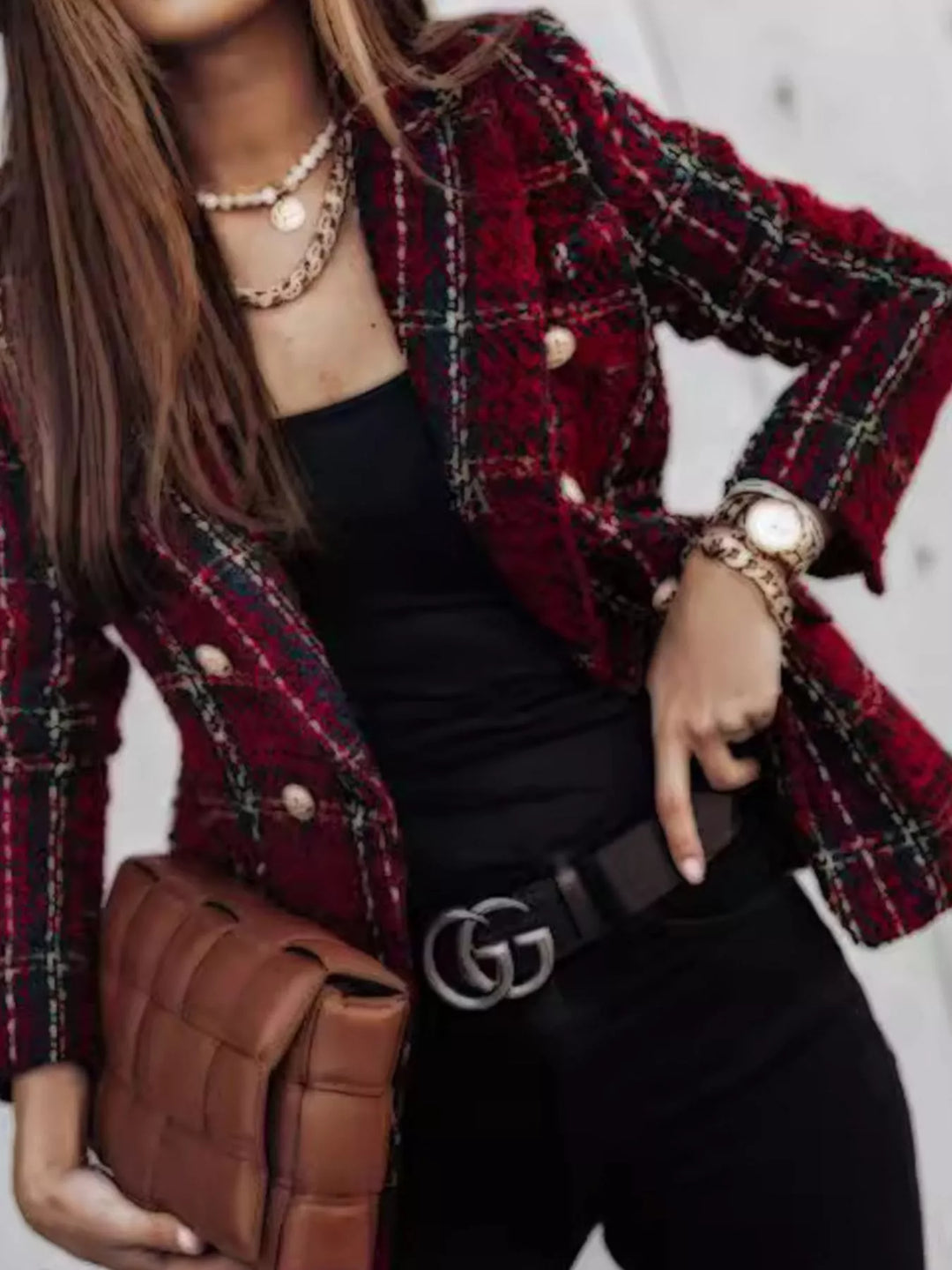 Plaid double-breasted gold-tone buttons in burgundy, styled on model