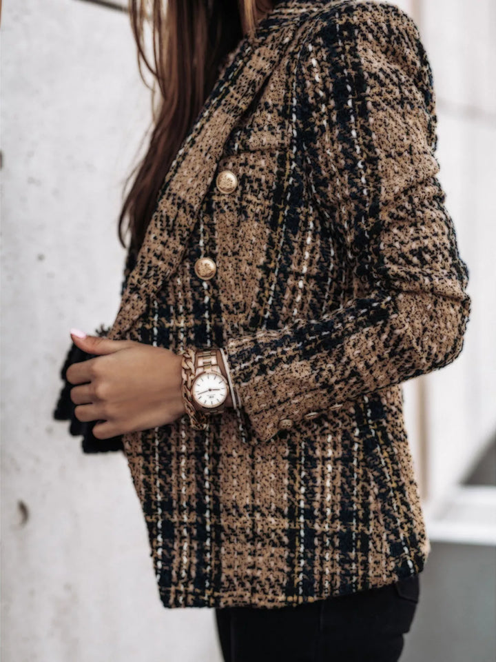 Plaid double-breasted gold-tone buttons in camel, front view