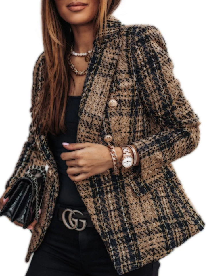 Plaid double-breasted gold-tone buttons in camel, styled on model 2