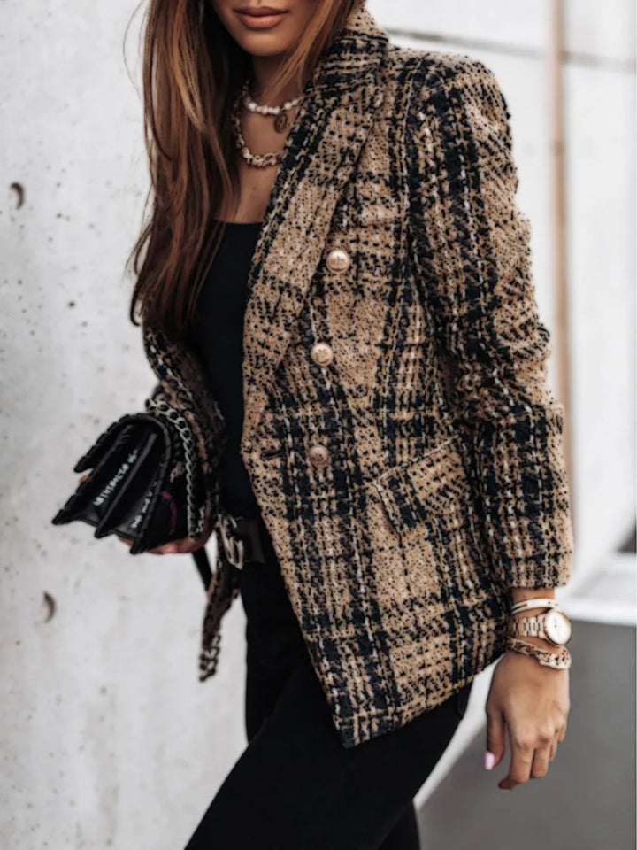 Plaid double-breasted gold-tone buttons in camel, styled on model