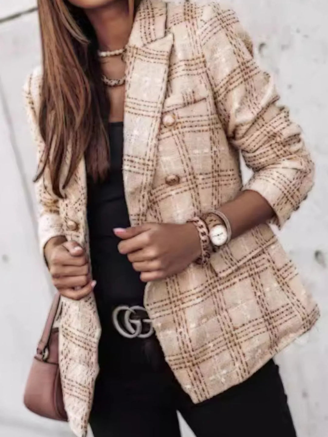 Plaid double-breasted gold-tone buttons in tan, styled on model