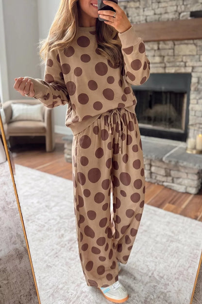 Women's tan two piece lounge set with polka dot top and wide leg pants
