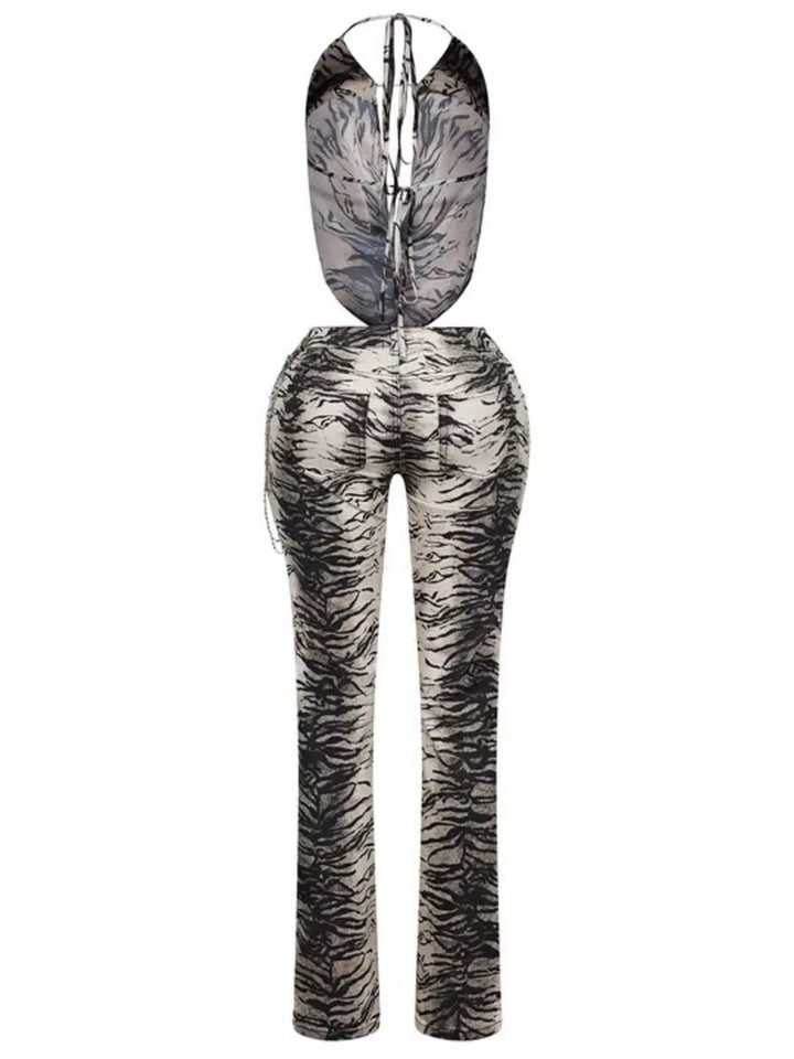 Back view of the animal print flare pants set showing the open back top
