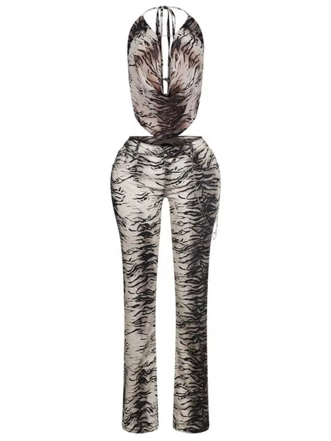 Animal print halter top and flare pants laid out flat on white