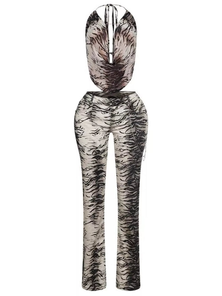 Animal print halter top and flare pants laid out flat on white