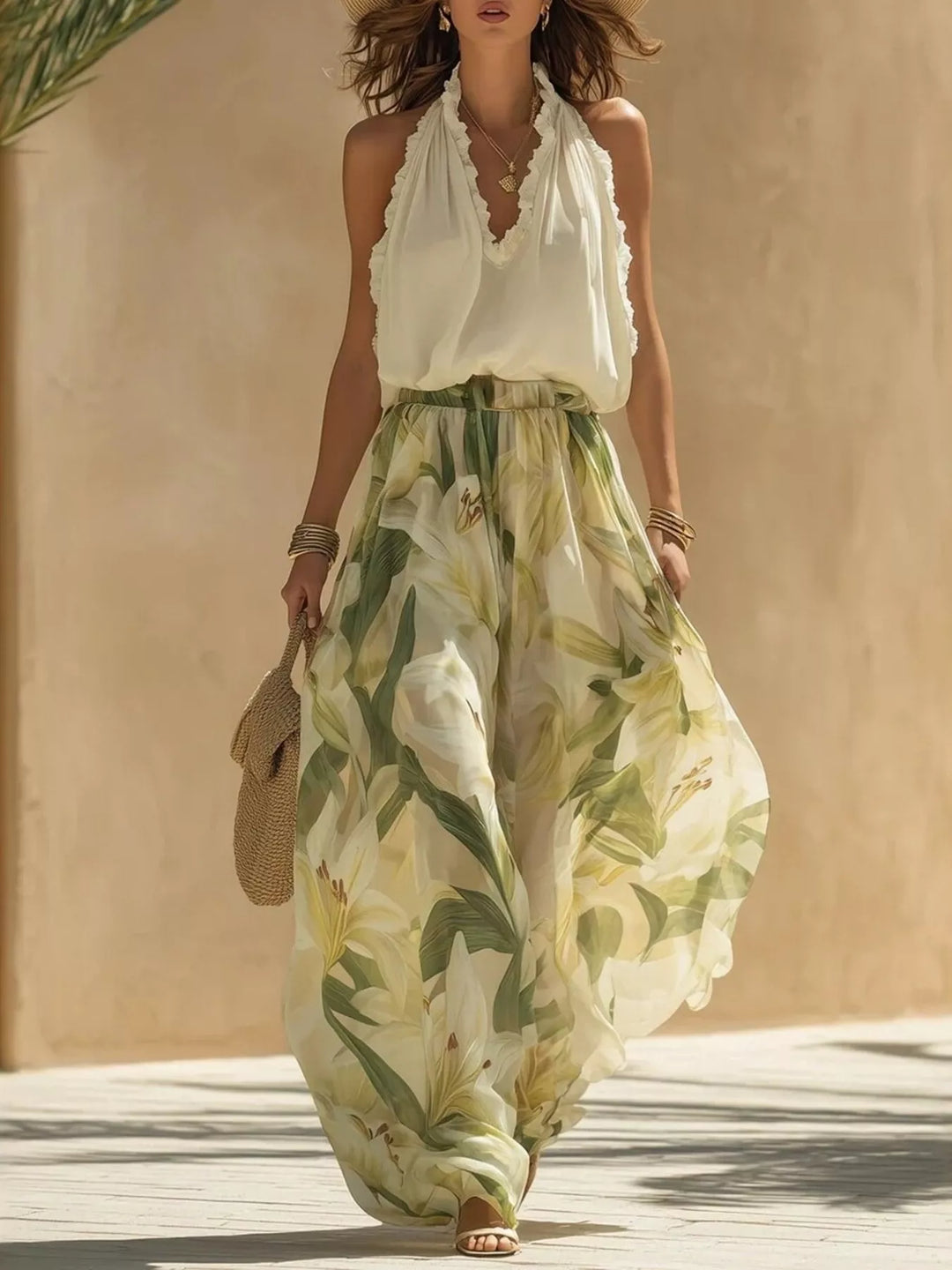 Women's sage floral two piece set with halter top and wide leg leaf print pants