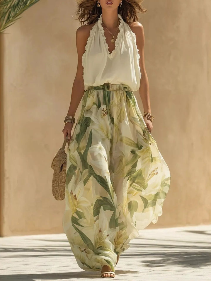 Women's sage floral two piece set with halter top and wide leg leaf print pants