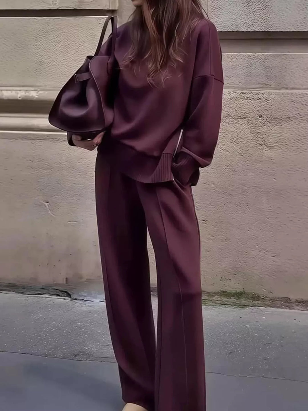 Women's burgundy two piece set with mock neck pullover and wide leg pants