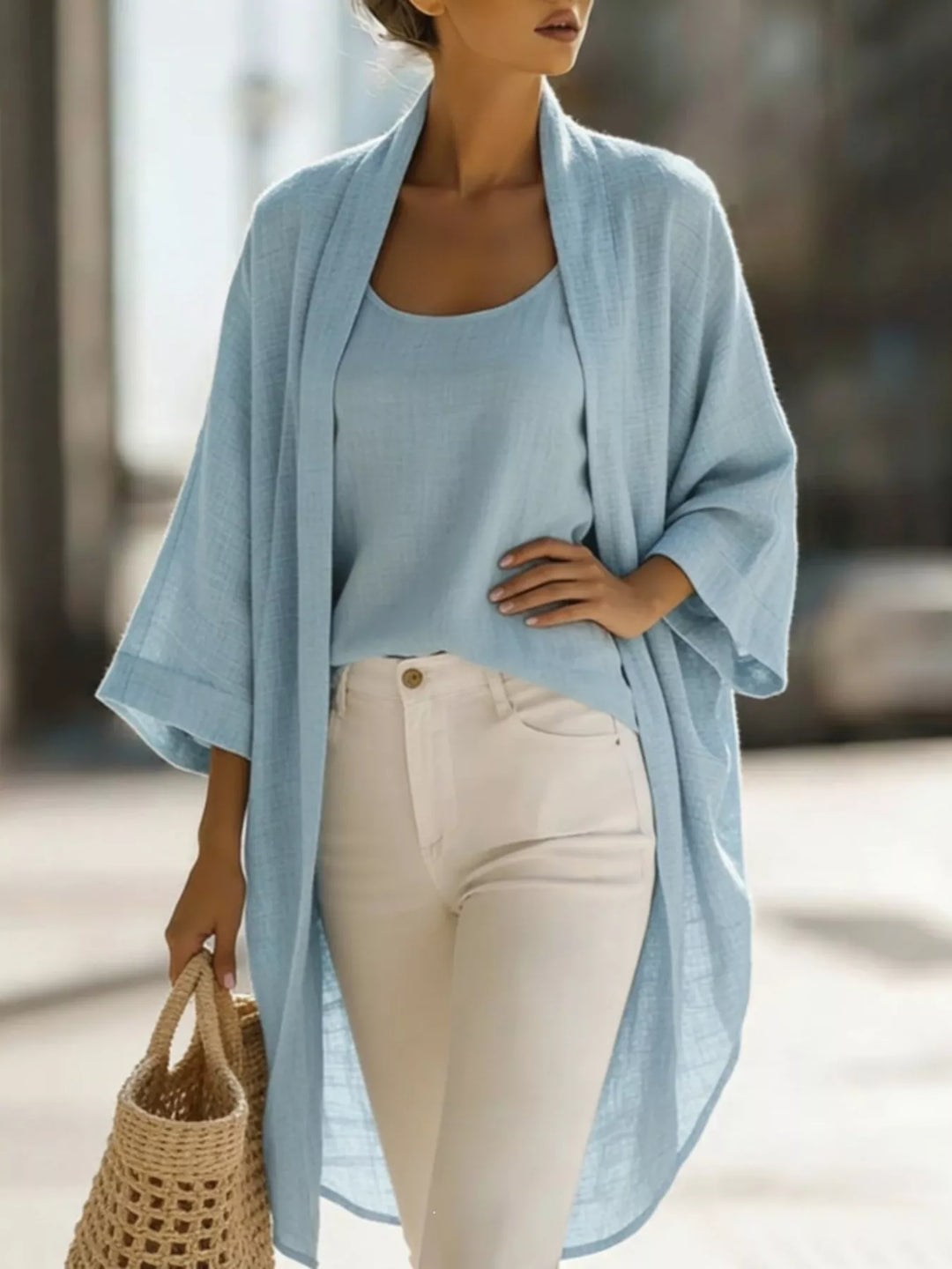 Sky blue open front cardigan and tank set carried with a woven tote bag