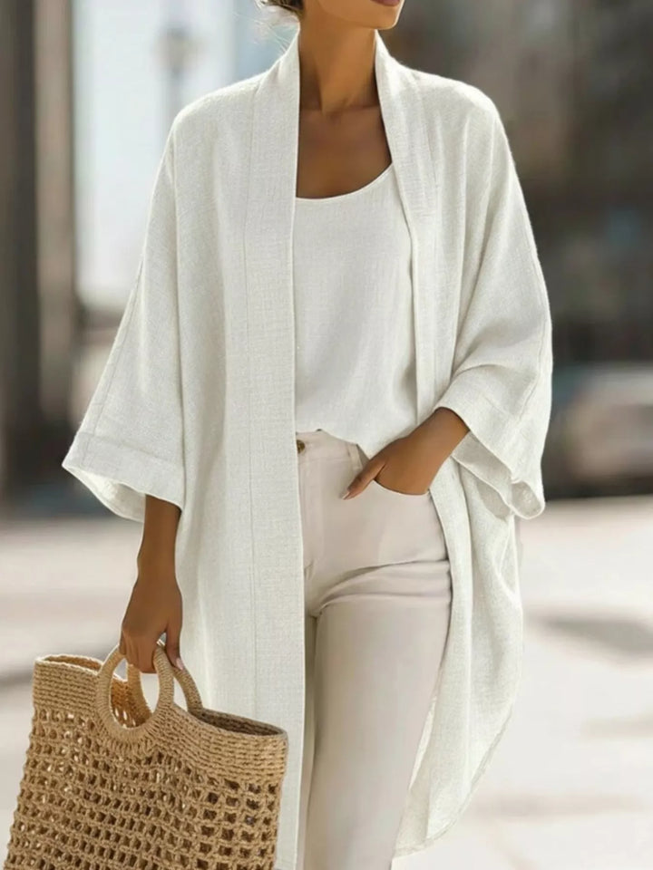 White kimono cardigan and tank set, front view with woven tote bag