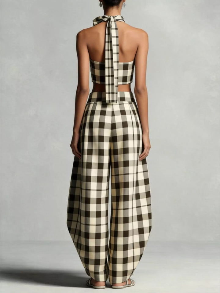 Back view of the plaid halter top with tie neck and barrel pants