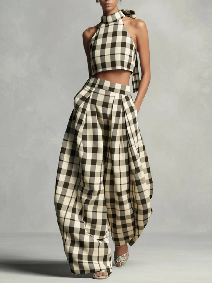 Women's two piece set in black cream check, plaid halter crop top and barrel pants