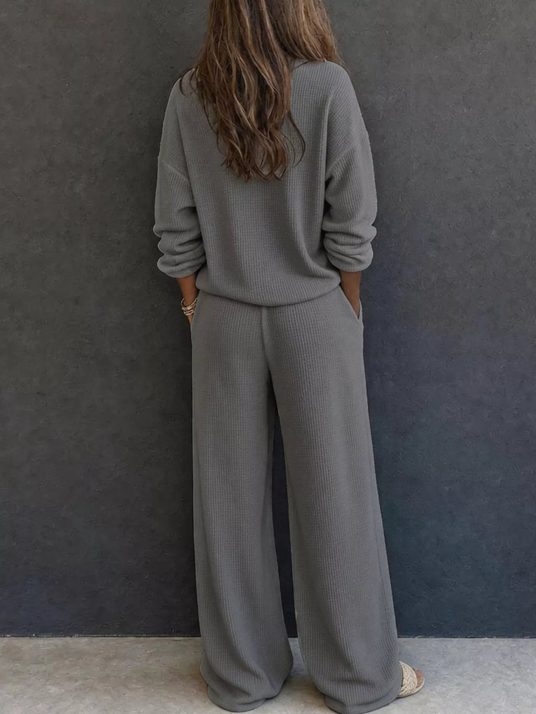 Back view of the charcoal waffle knit henley and wide leg pants set