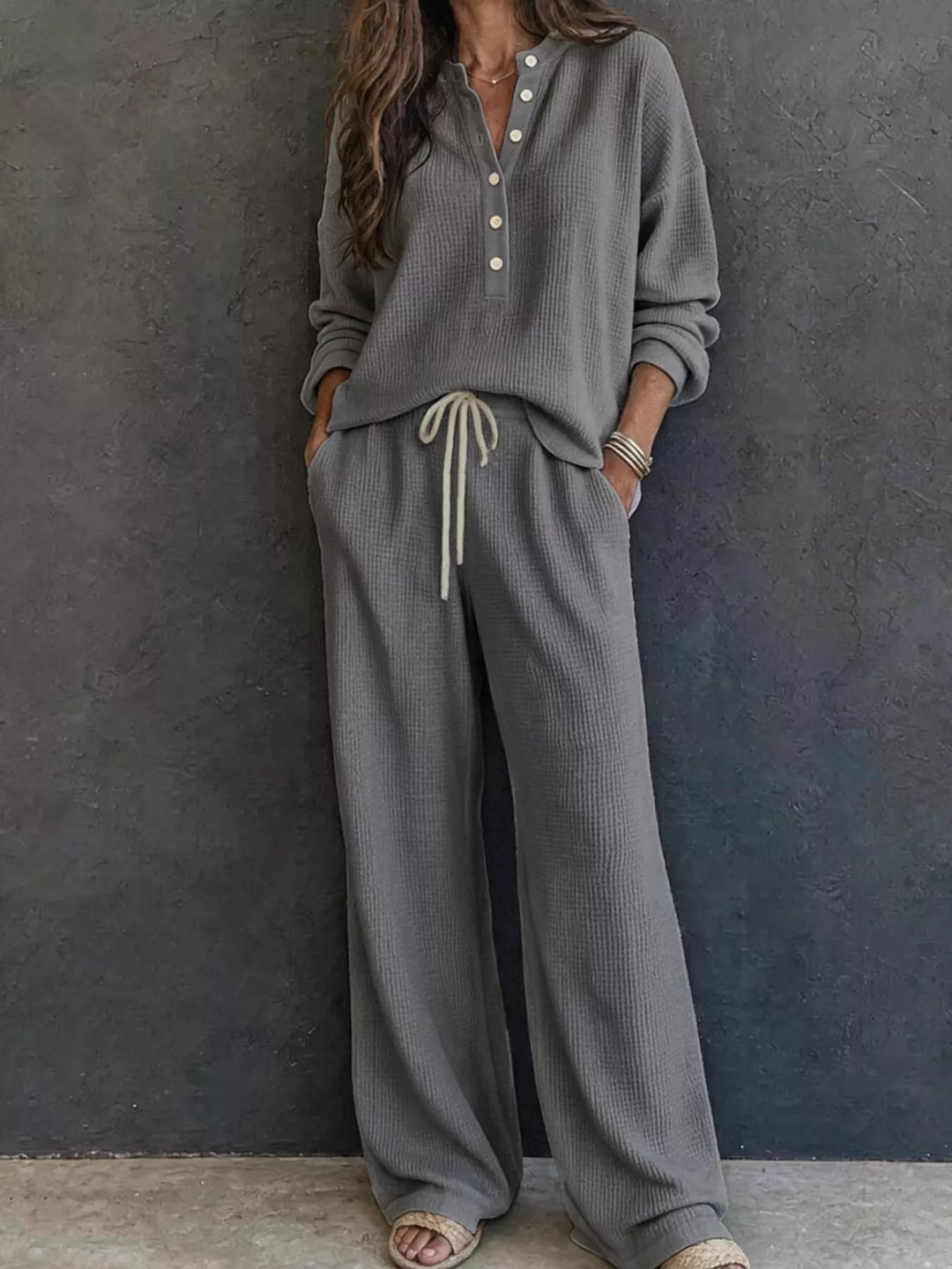 Charcoal two piece set with waffle knit henley and wide leg pants, full view
