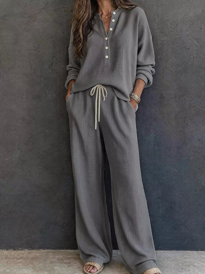 Charcoal two piece set with waffle knit henley and wide leg pants, full view