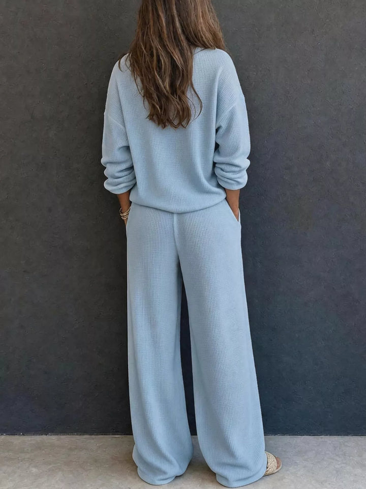 Back view of the light blue waffle knit henley and wide leg pants set