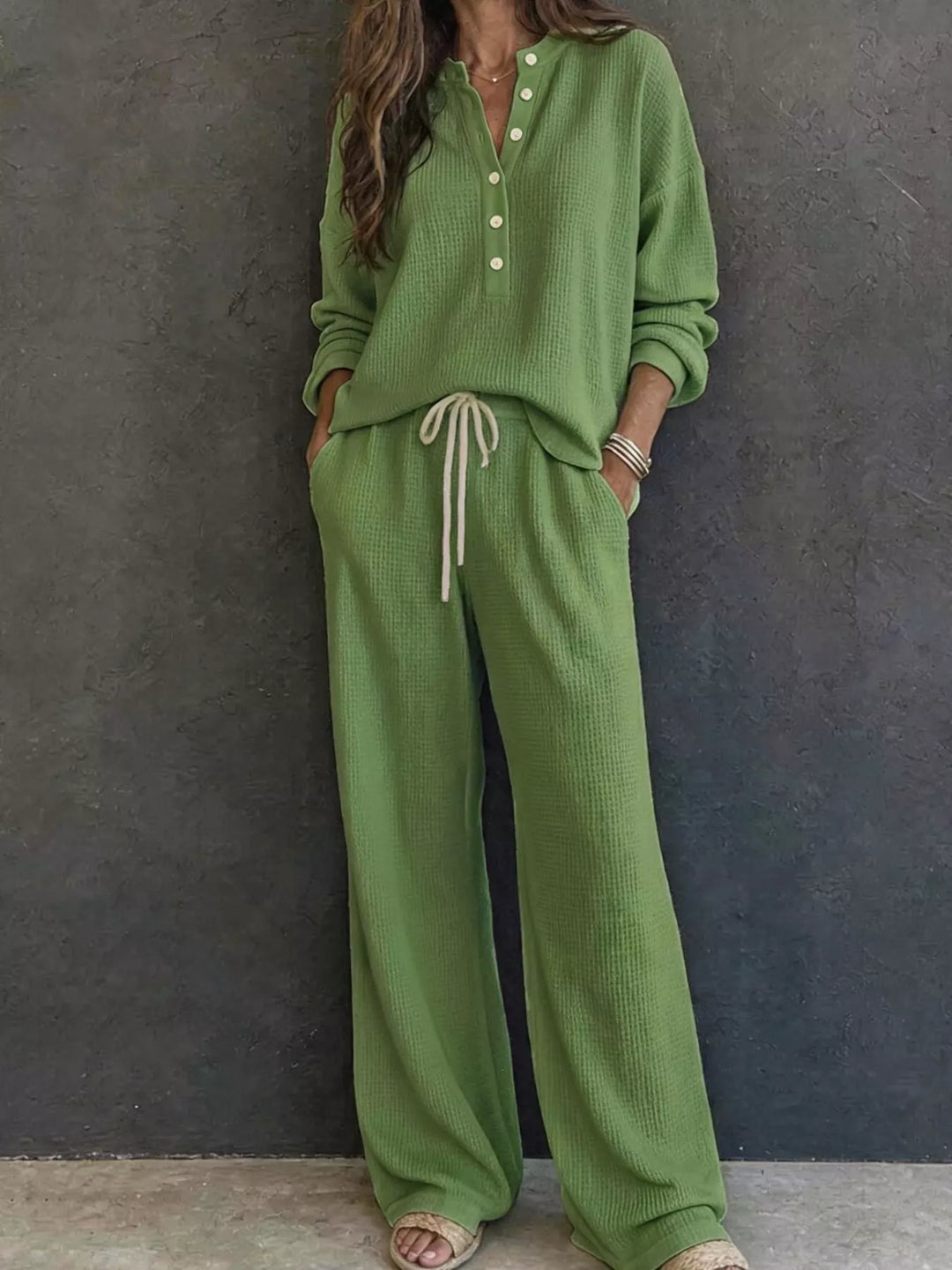 Matcha green two piece set with waffle knit henley and wide leg pants, full view
