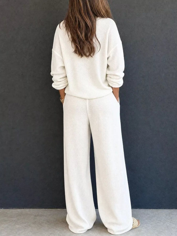 Back view of the white waffle knit henley and wide leg pants set