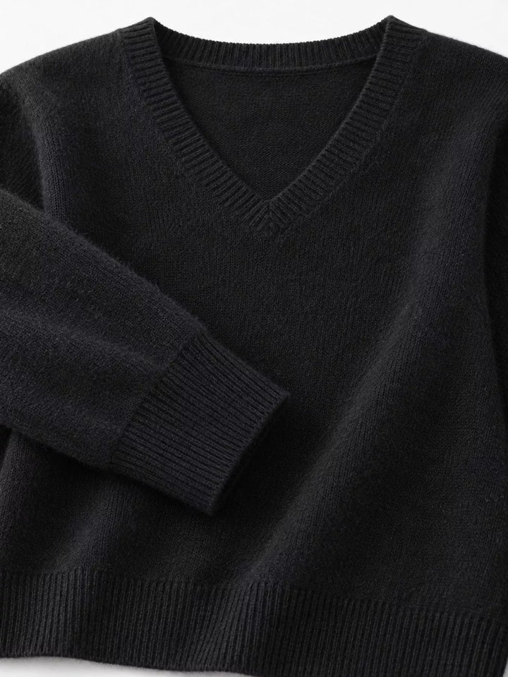 Close-up details of the black sweater neckline, ribbed cuff and hem