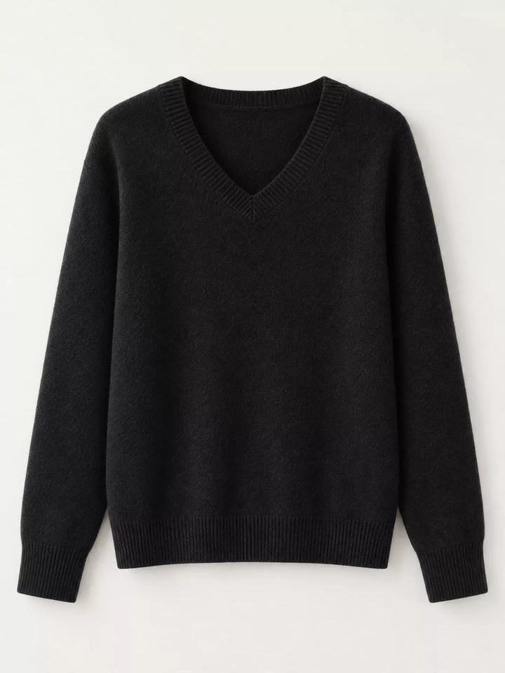 Flat front view of the black fine knit long sleeve V neck sweater