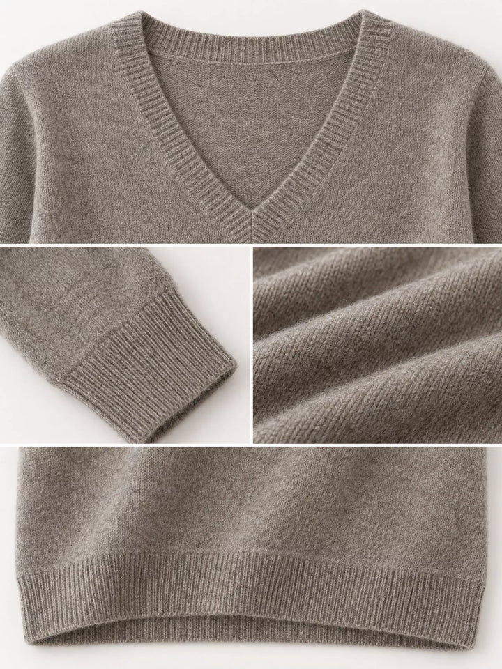 Close-up details of the dark camel sweater neckline, ribbed cuff and hem