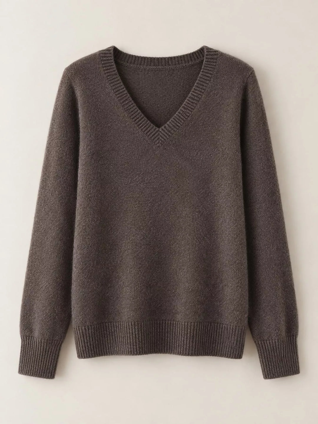 Flat front view of the dark coffee fine knit long sleeve V neck sweater