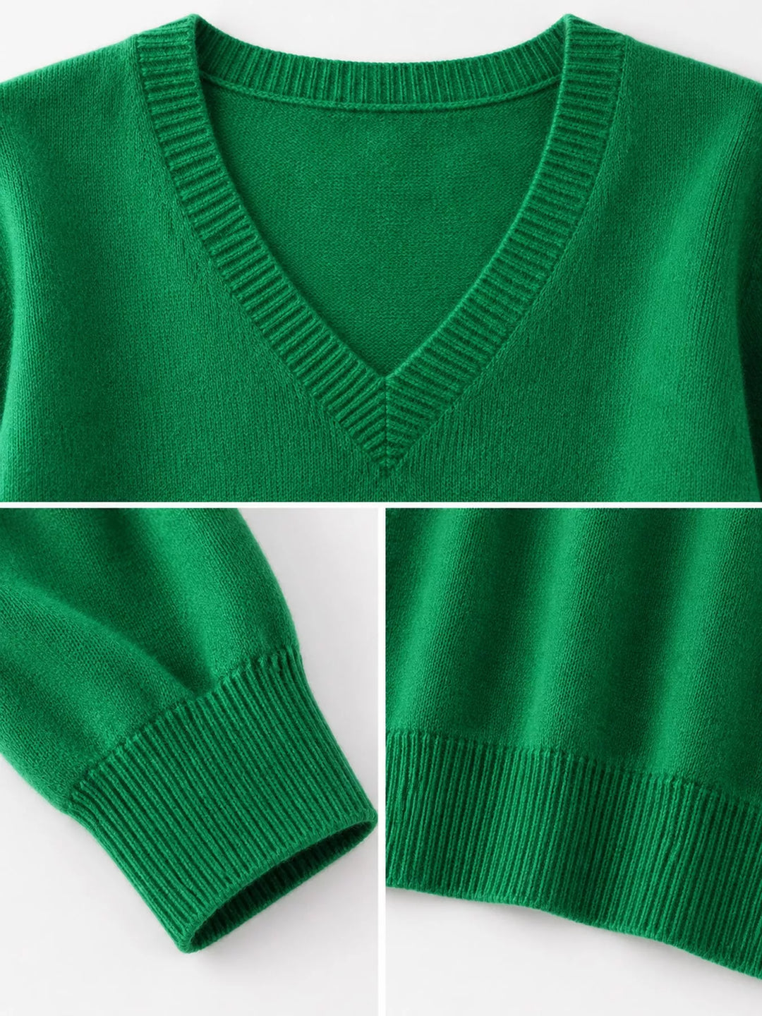 Close-up details of the emerald green sweater neckline, ribbed cuff and hem