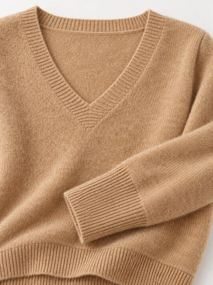 Close-up details of the golden camel sweater neckline, ribbed cuff and hem