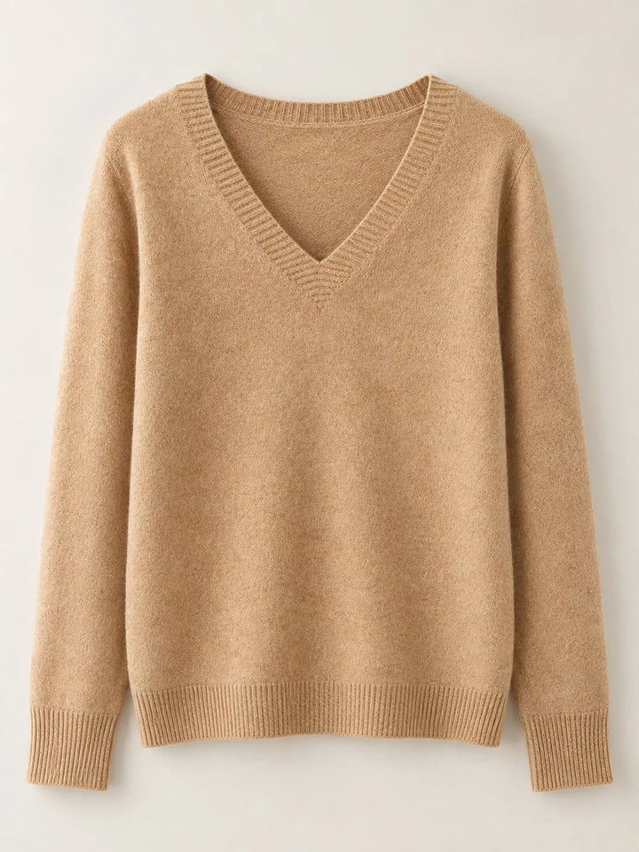 Flat front view of the golden camel fine knit long sleeve V neck sweater