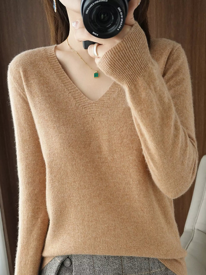 V neck sweater in golden camel, on-model front view with long sleeves