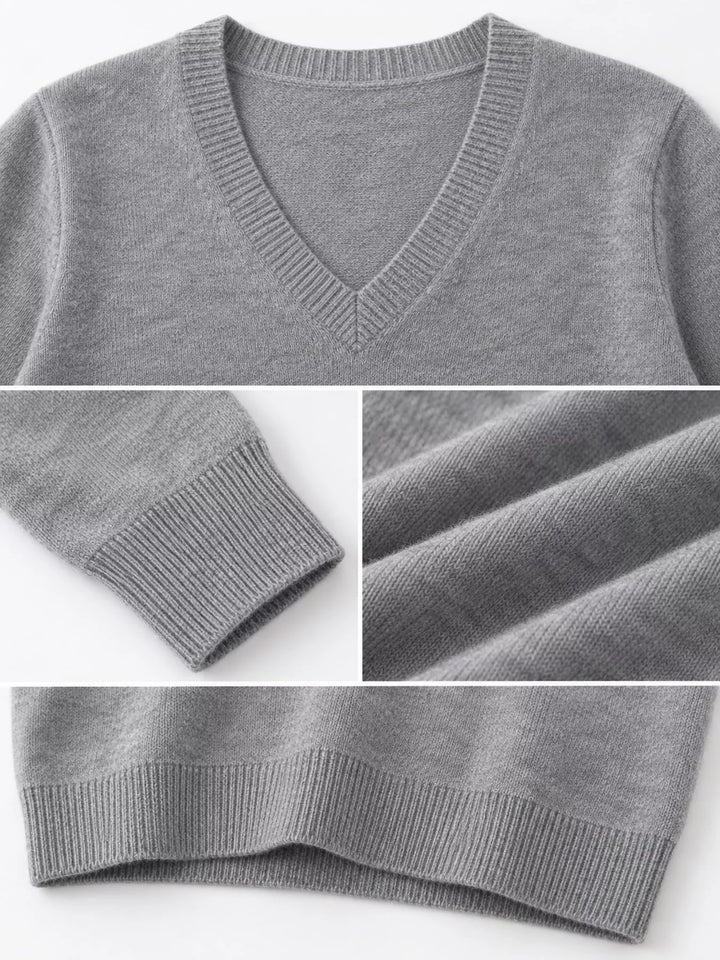 Close-up details of the gray sweater neckline, ribbed cuff and hem