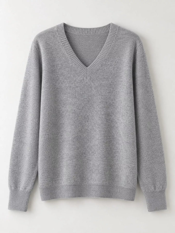 Flat front view of the gray fine knit long sleeve V neck sweater