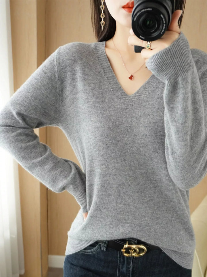 V neck sweater in gray, on-model front view with long sleeves