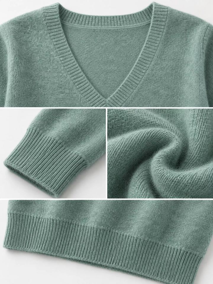 Close-up details of the leaf green sweater neckline, ribbed cuff and hem
