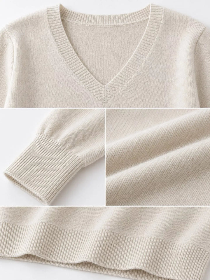 Close-up details of the light beige sweater neckline, ribbed cuff and hem