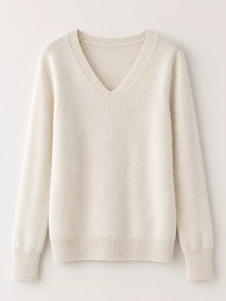 Flat front view of the light beige fine knit long sleeve V neck sweater