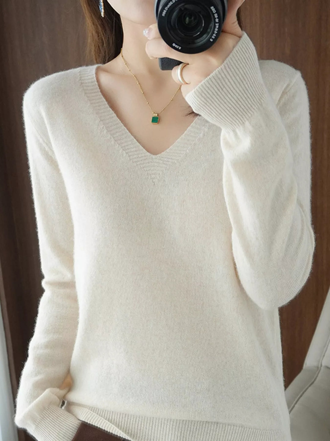 V neck sweater in light beige, on-model front view with long sleeves