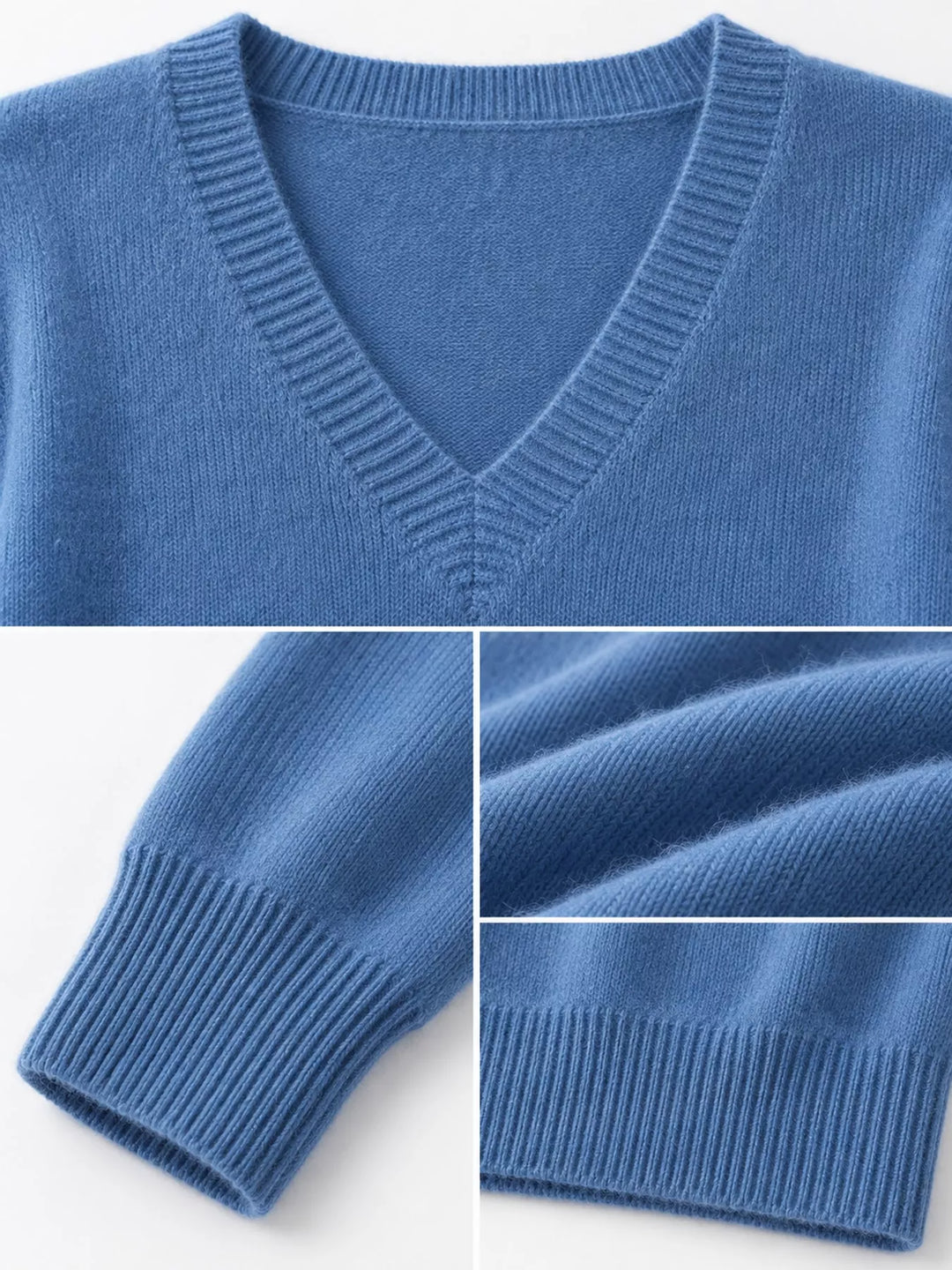 Close-up details of the misty blue sweater neckline, ribbed cuff and hem